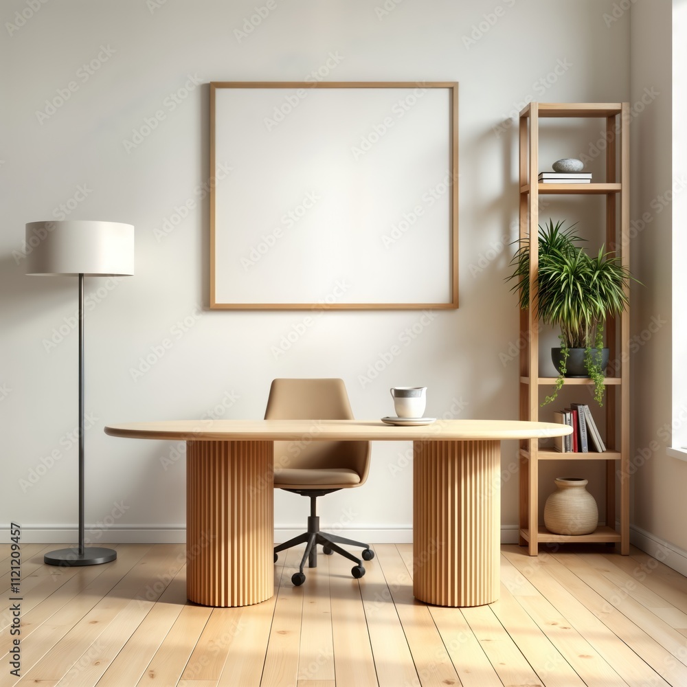 Stylish office interior with wooden desk, shelf. Empty mockup frame. Cozy, elegant workplace design with light hardwood floor. Wooden table, chair. Modern interior style. Empty space for picture Stylish office interior with wooden desk, shelf. Empty mockup frame. Cozy, elegant workplace design with light hardwood floor. Wooden table, chair. Modern interior style. Empty space for picture