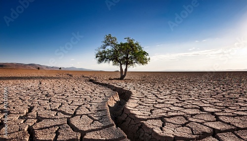 Une sécheresse marquée par des fissures profondes dans le sol, avec un arbre solitaire photo