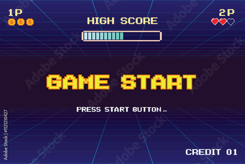GAME START. pixel art. 8 bit game. retro game. for game assets in vector illustrations. arcade gaming.	