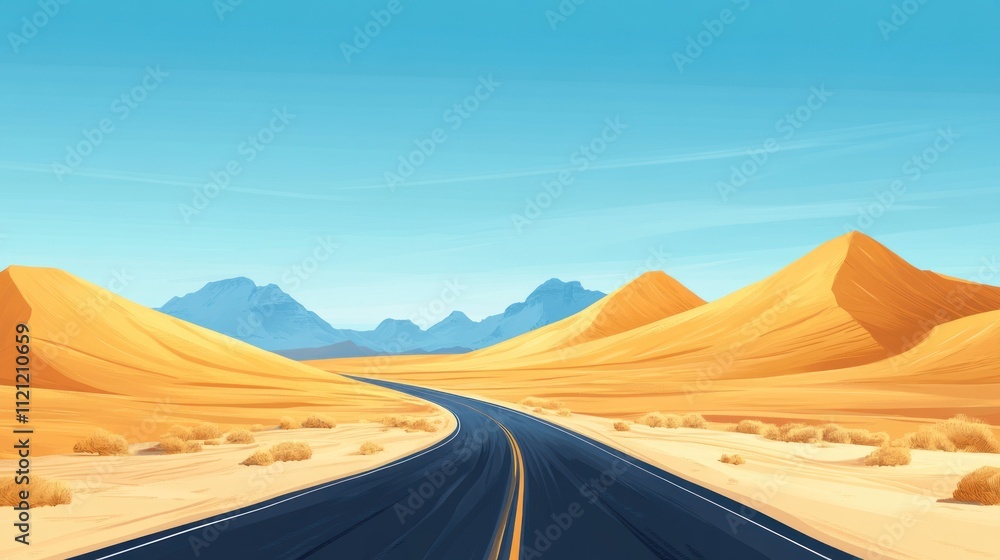 Desert highway cutting through golden sand dunes under a clear blue sky Desert highway cutting through golden sand dunes under a clear blue sky