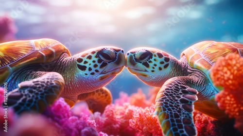 Two Sea Turtles Swimming Among Colorful Coral in Vibrant Underwater Scene photo