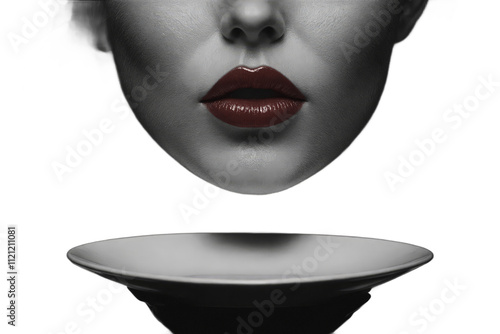 A woman holding a plate with a red lipstick on it. photo