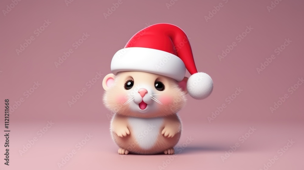 Fototapeta premium Joyful Animated Hamster in Santa Hat, Celebrating the Holidays with a Cheeky Grin and Rosy Cheeks