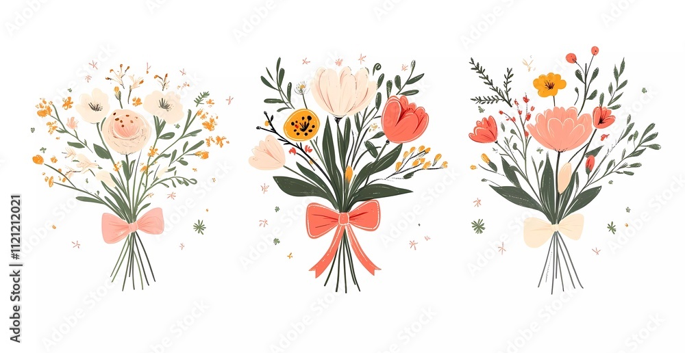 Set of spring flower bouquets with a bow, isolated on a white background. Flat design illustration, in a cartoon style, with minimalism and simple shapes.