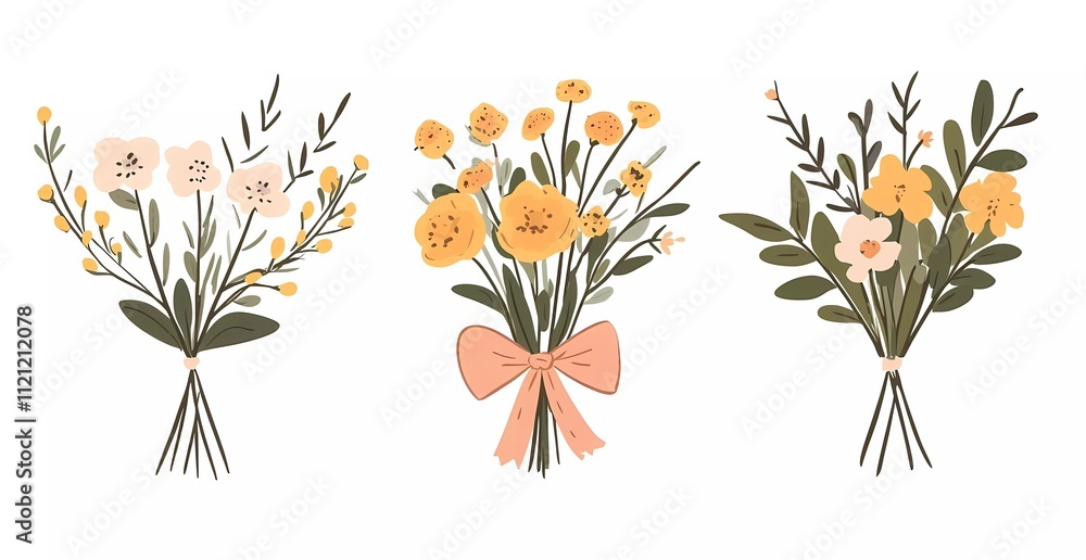 Set of spring flower bouquets with a bow, isolated on a white background. Flat design illustration, in a cartoon style, with minimalism and simple shapes.