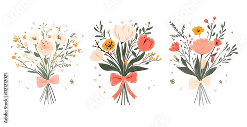 Obraz na płótnie Set of spring flower bouquets with a bow, isolated on a white background. Flat design illustration, in a cartoon style, with minimalism and simple shapes. w salonie