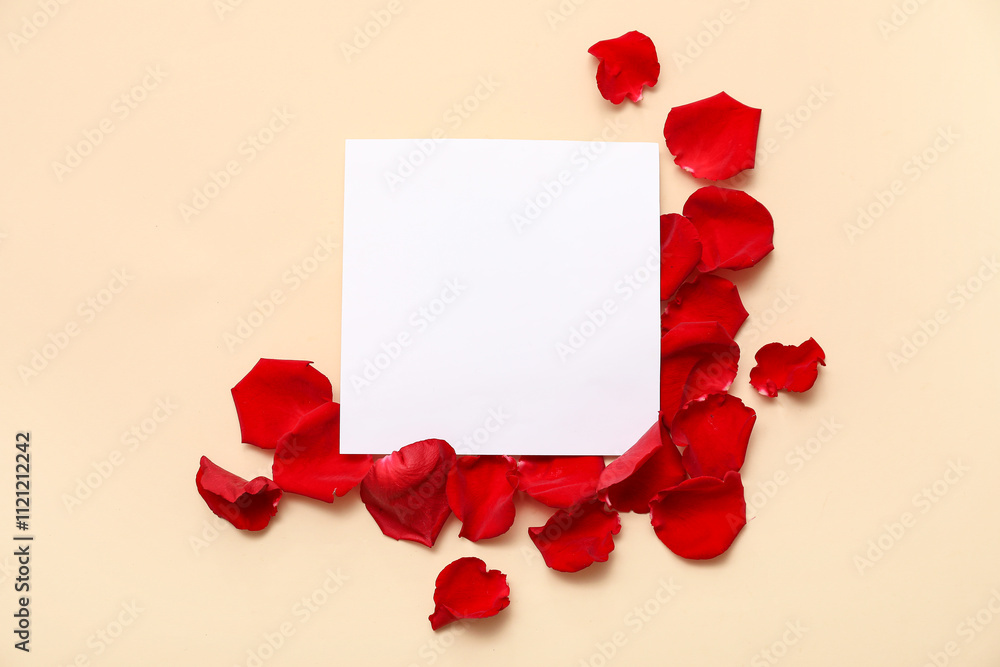 Blank card with beautiful red rose petals on beige background Blank card with beautiful red rose petals on beige background