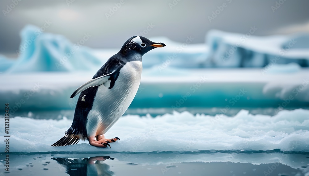 Obraz premium Gentoo penguin walking on ice floe in antarctic landscape nature photography serene environment close-up view of wildlife