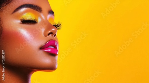 A close-up of a woman with vibrant yellow eyeshadow and glossy pink lips against a bright yellow background, showcasing beauty and confidence.
