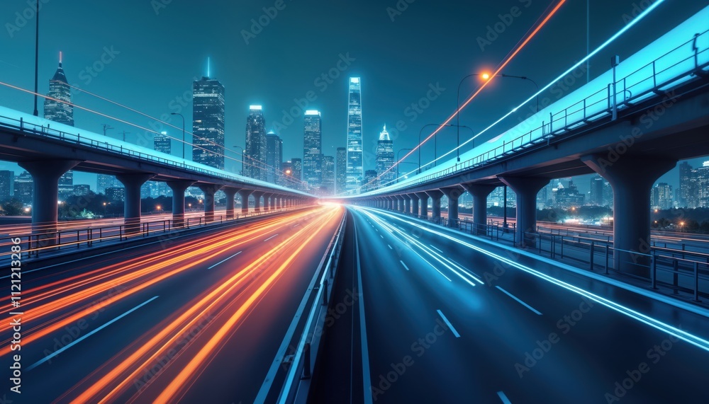 Futuristic highway overpass at night in modern city. Vehicles move quickly creating light trails. Urban cityscape with illuminated skyscrapers in background. Elevated road above city traffic. Futuristic highway overpass at night in modern city. Vehicles move quickly creating light trails. Urban cityscape with illuminated skyscrapers in background. Elevated road above city traffic.