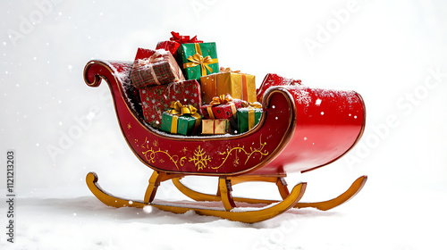 Santa's sleigh loaded with gifts isolated on white photo