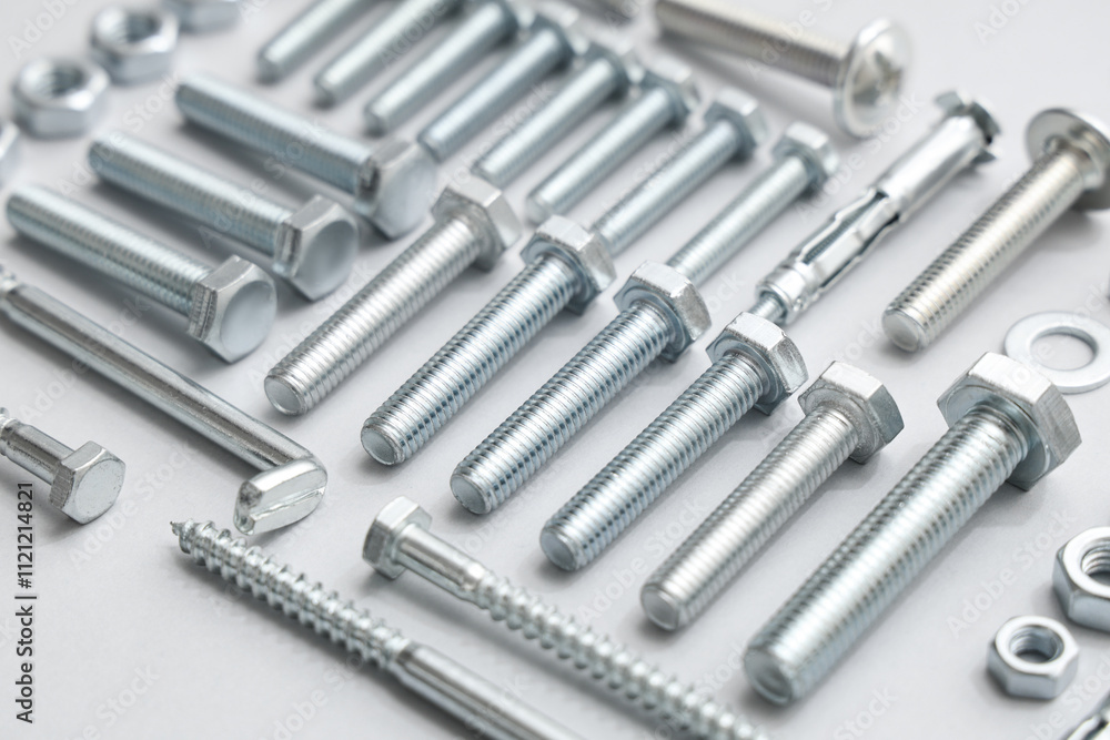Arrangement of different tap bolts, screws and chrome nuts on grey background, closeup Arrangement of different tap bolts, screws and chrome nuts on grey background, closeup