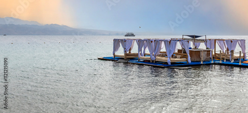 Resting and relaxing artificial float island, cruise travel ship and water sp...