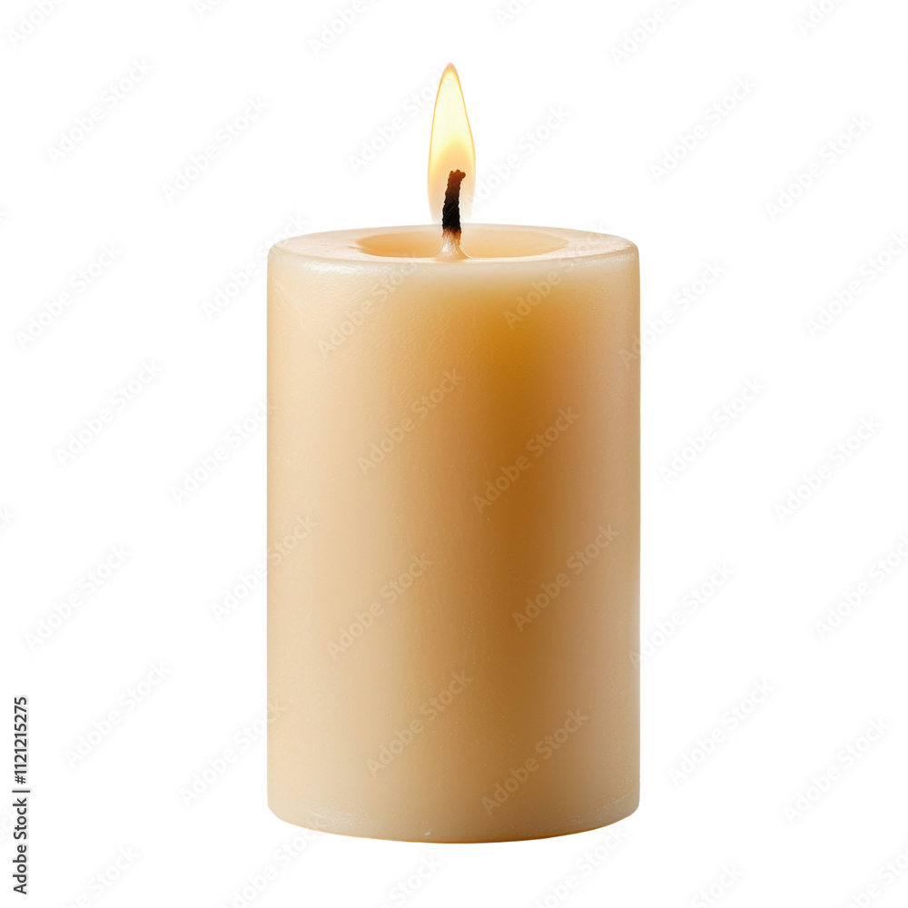 lit beige pillar candle with warm flame glowing softly lit beige pillar candle with warm flame glowing softly