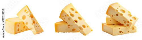 Slices and blocks of Swiss cheese with holes, isolated on transparency background