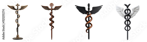 Medical caduceus symbols with wings and serpents in various designs