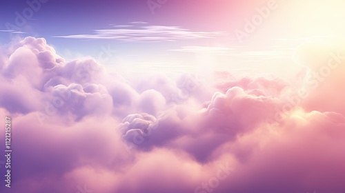Pastel Pink and Purple Clouds in a Dreamy Sky, Soft Sunlight Creating a Tranquil Scene