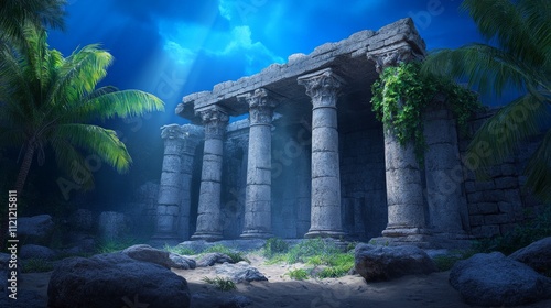 Ancient Temple at Night: Mysterious and atmospheric image of ancient ruins illuminated by moonlight, overgrown with tropical vegetation. Evokes a sense of history, exploration and wonder.  photo