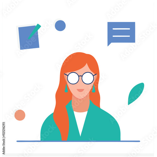 Vector icon of woman with long red hair wearing glasses. Flat style.