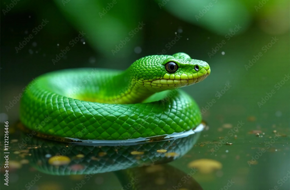 Green snake in the water. 2025 symbol of the year Green snake in the water. 2025 symbol of the year