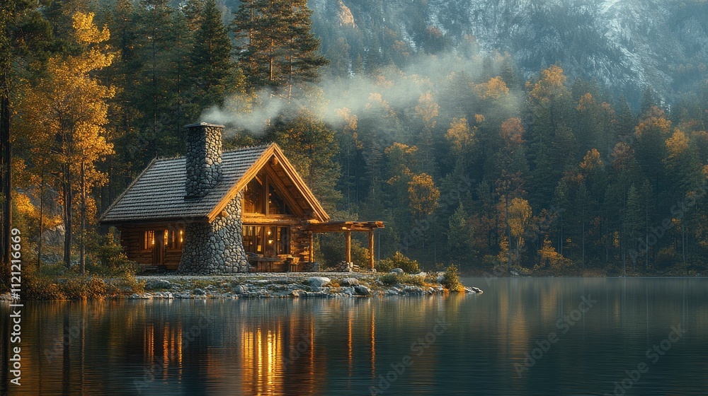 Serene Lake Scene with Cabin and Evening Light Serene Lake Scene with Cabin and Evening Light