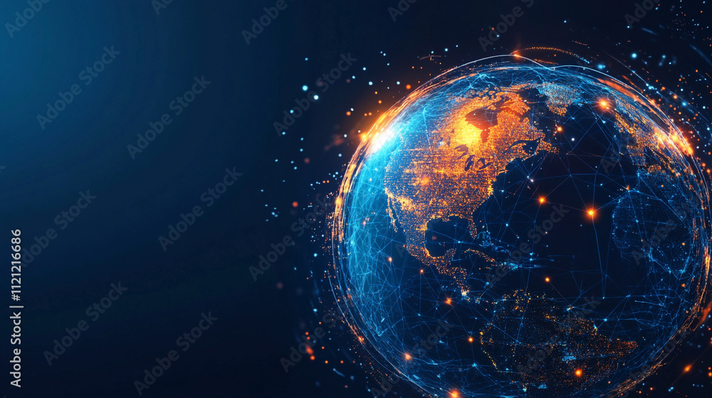 Obraz premium Internet connection world map with neon light effects, Internet, business, technology and network concept background with glowing effects, Advanced data visualization applied to technological design.