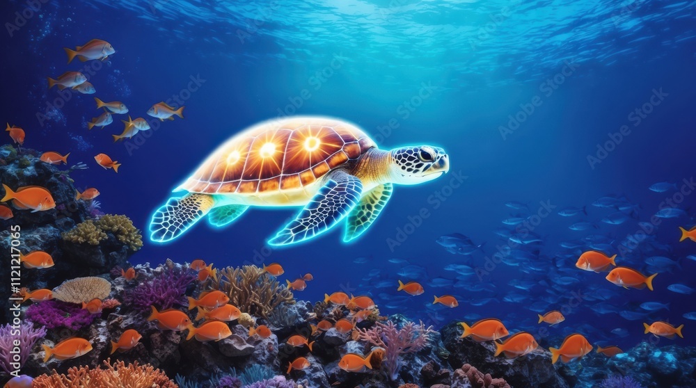 Fototapeta premium Holographic emblem of a turtle swimming among vibrant coral reefs underwater scene ocean environment digital art