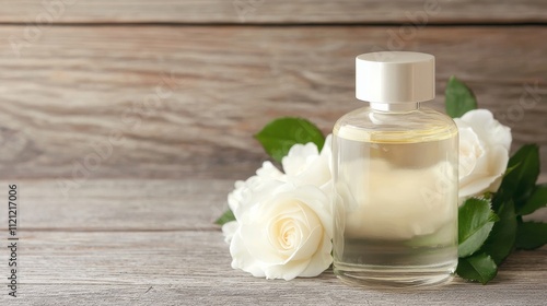 A clear glass bottle of perfume sits beside white roses on a wooden surface, creating an elegant and fresh aesthetic.