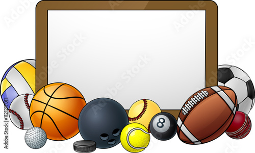 Canvas Print Sport ball sign board background frame surrounded by sports balls with copyspace