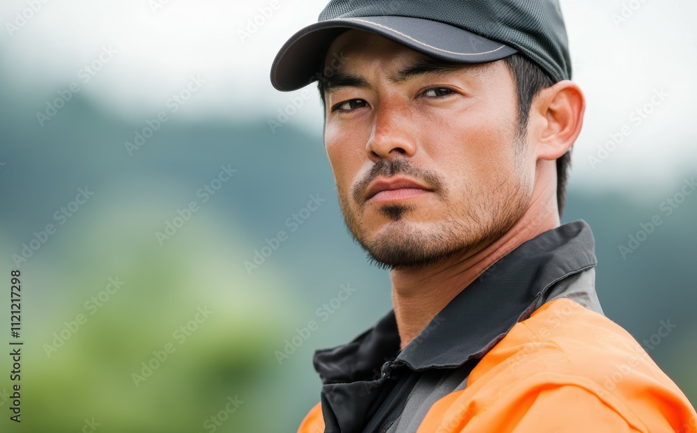 Obraz premium 作業着を着た男性が自然の中で真剣な表情を見せる