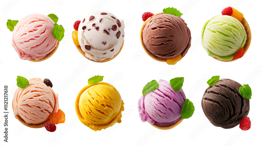 A Collection of Colorful Ice Cream Scoops with Toppings Isolated on Transparent Background A Collection of Colorful Ice Cream Scoops with Toppings Isolated on Transparent Background