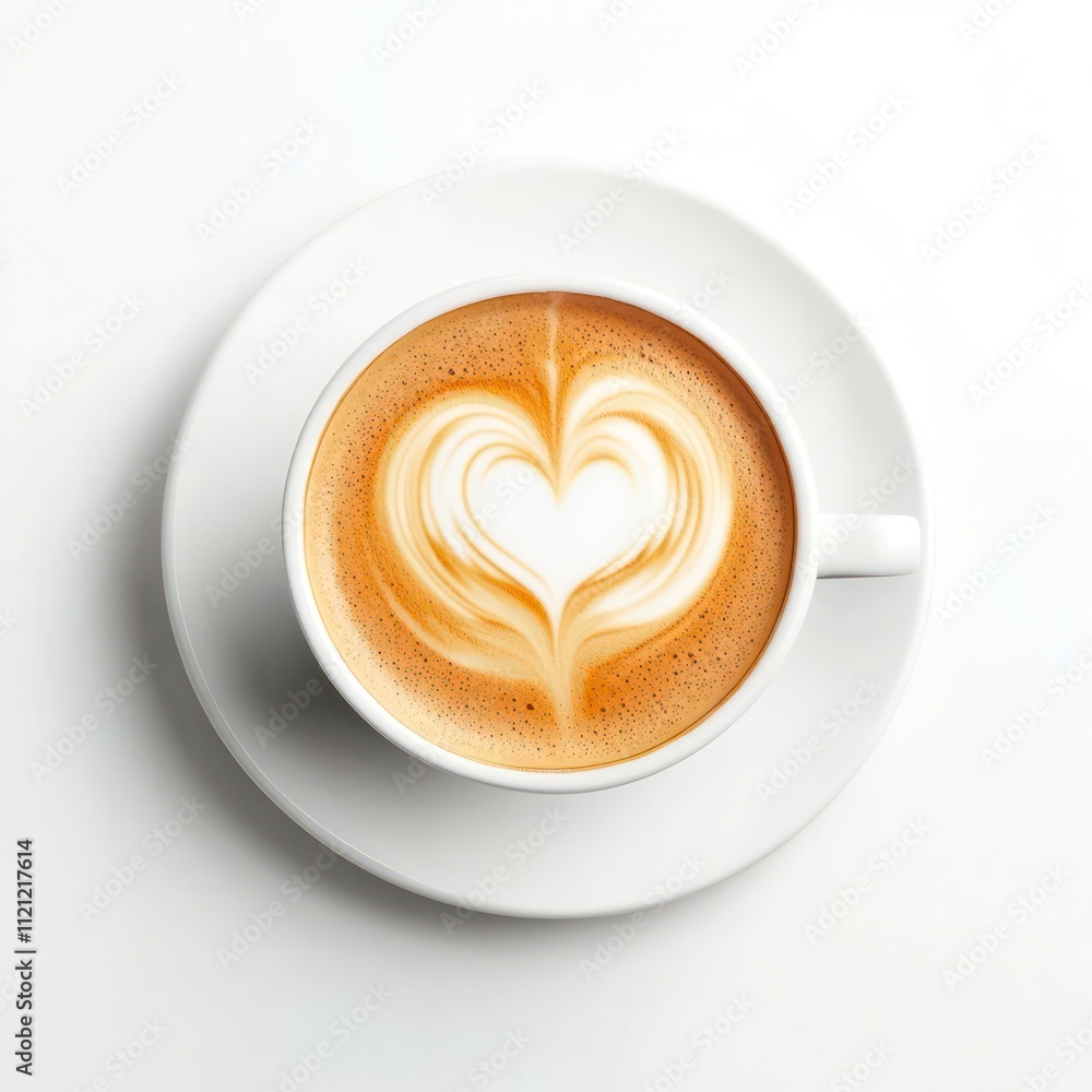 Cup of coffee with heart shaped latte art isolated on white background, top view. Cup of coffee with heart shaped latte art isolated on white background, top view.