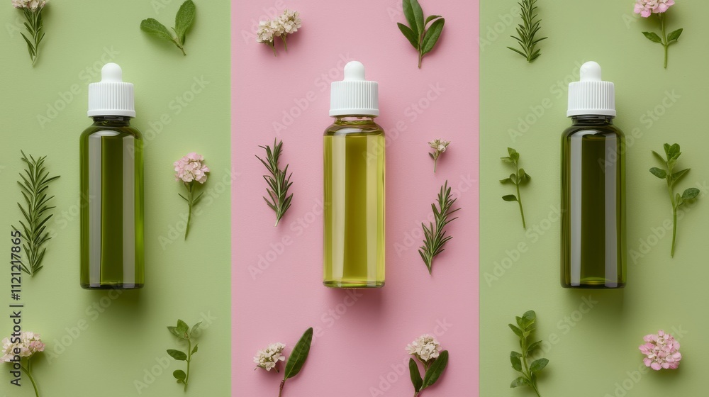 Three bottles of essential oils are displayed against soft pastel backgrounds, surrounded by fresh herbs, showcasing natural beauty and wellness. Three bottles of essential oils are displayed against soft pastel backgrounds, surrounded by fresh herbs, showcasing natural beauty and wellness.