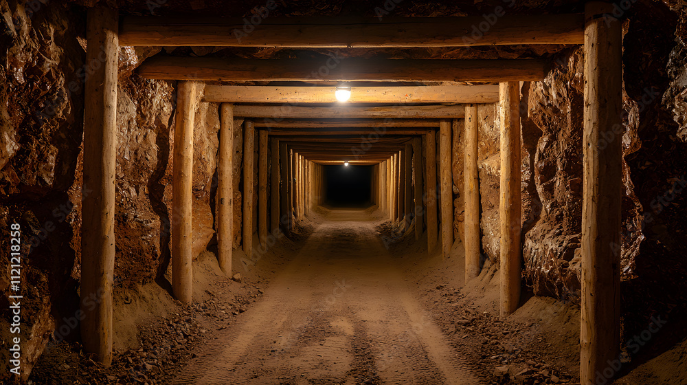 Dark, Narrow Mine Shaft with Wooden Beams, Illuminated by Eerie Light, Creating a Mysterious and Ominous Atmosphere in an Underground Setting Dark, Narrow Mine Shaft with Wooden Beams, Illuminated by Eerie Light, Creating a Mysterious and Ominous Atmosphere in an Underground Setting