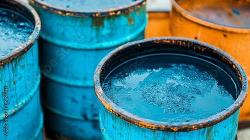 Brightly colored barrels filled with liquid, showcasing rust and wear, emphasizing industrial storage and potential environmental concerns. photo