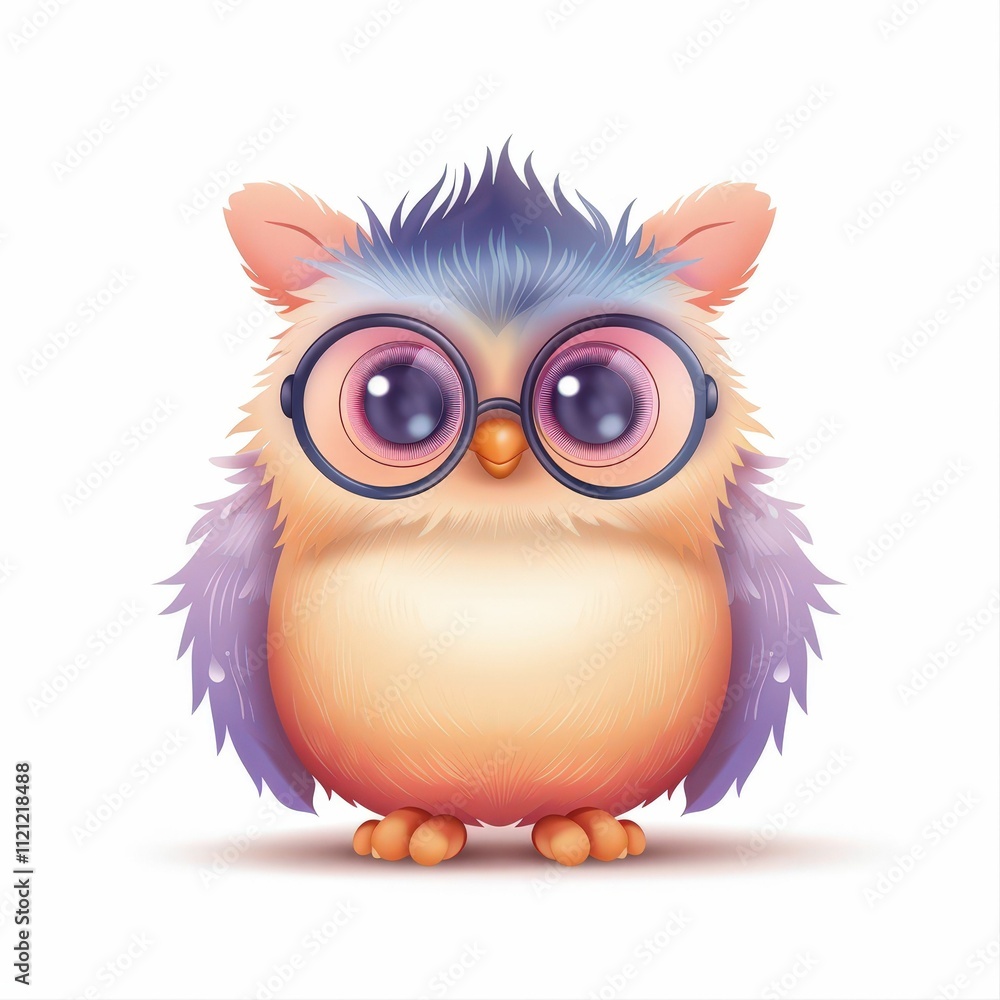 A cute, cartoonish owl wearing glasses, featuring a round body and colorful feathers, ideal for children's illustrations and playful designs. A cute, cartoonish owl wearing glasses, featuring a round body and colorful feathers, ideal for children's illustrations and playful designs.