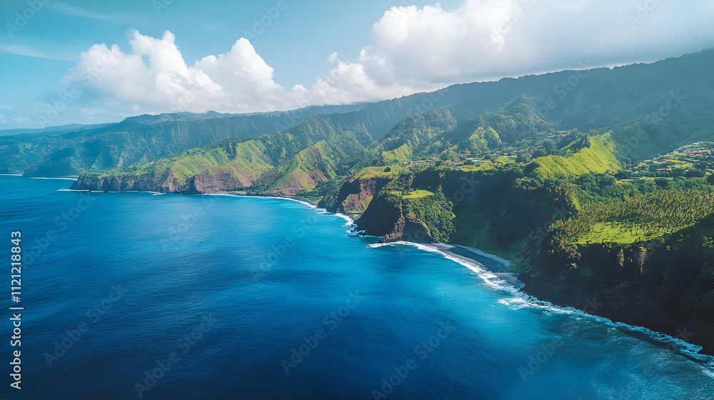 Aerial View of Lush Green Coastal Mountains and Ocean Aerial View of Lush Green Coastal Mountains and Ocean