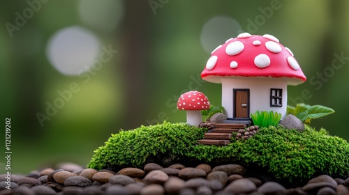 Enchanted Mushroom House: A whimsical miniature house nestled amongst vibrant moss and pebbles, creating a captivating scene of fairytale charm.   photo