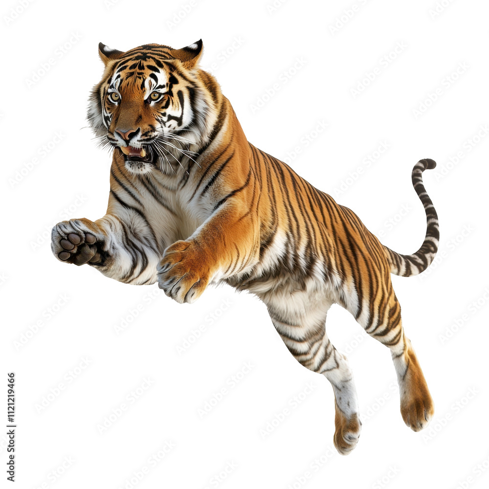 Fototapeta premium Majestic Tiger Leaping in Mid-Air with Striking Stripes and Engaging Expression