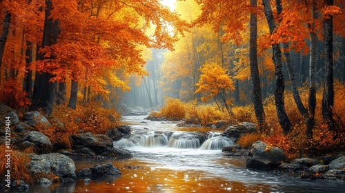 Vibrant Fall Foliage Reflecting on a Calm Forest River