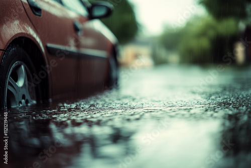 A stranded car surrounded by floodwater on a rainy day with ample copy space. Overcast light.  photo