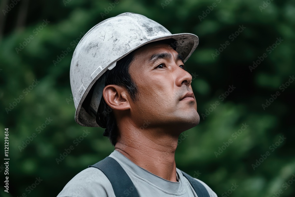 工事現場で未来を見据える労働者の力強い姿と緑の背景 工事現場で未来を見据える労働者の力強い姿と緑の背景