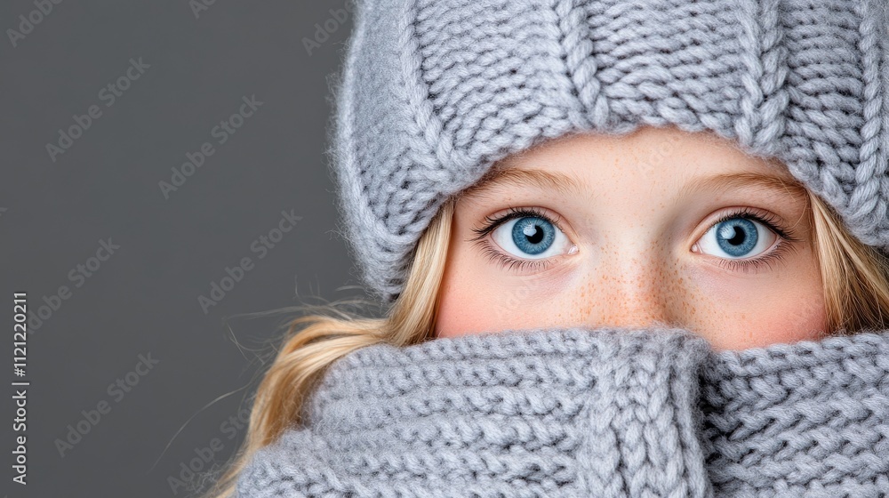 Winter Wonderland Eyes: A young girl with bright blue eyes peeks out from beneath a cozy knitted hat and scarf, capturing the essence of winter's gentle embrace. Winter Wonderland Eyes: A young girl with bright blue eyes peeks out from beneath a cozy knitted hat and scarf, capturing the essence of winter's gentle embrace.