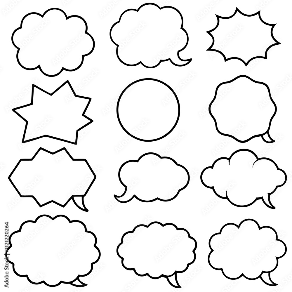 Fototapeta premium Collection of twelve diverse blank speech bubbles in various shapes and sizes, perfect for adding text or dialogue.