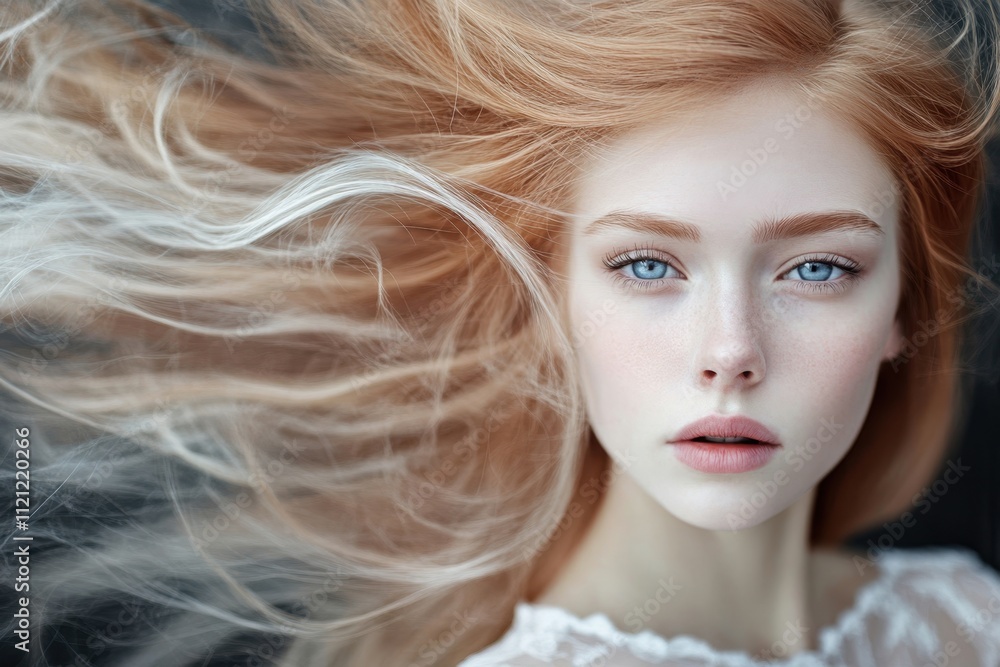 Portrait of a young woman with flowing red hair and striking blue eyes against a dark background Portrait of a young woman with flowing red hair and striking blue eyes against a dark background