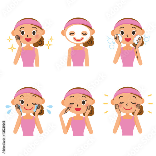 色々な美容を試している女性のイラスト