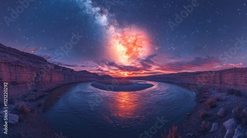 Cosmic Night Sky Above a Tranquil Canyon River photo