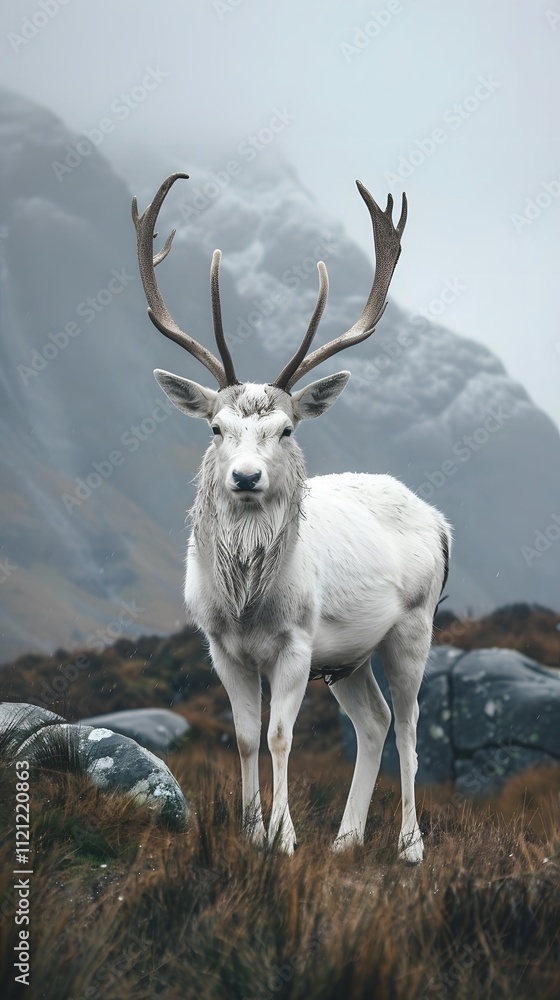 Obraz premium A majestic white deer with perfect antlers, on the mountain and beautiful rainy scenery
