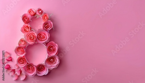 Pink Floral Number 8 Symbolizing International Women’s Day Celebration on March 8 Featuring Rose Arrangements on a Vibrant Pink Background, Perfect for Spring Themed Events and Feminine Design Project