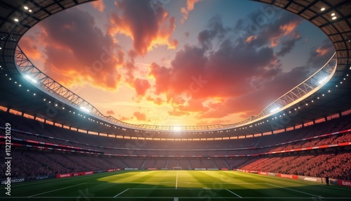 Grand football stadium at sunset. Massive stadium filled with fans. Action-packed sport event. Evening match. Energetic atmosphere. Modern design. Dramatic colors. Premier league game. Champions